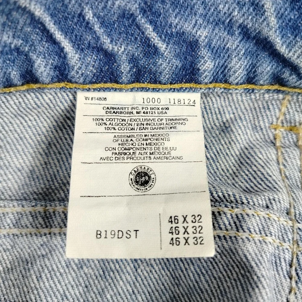 Carhartt‎ Jeans Mens 46x32 Blue Denim Relaxed Fit B19DST Straight Leg Workwear